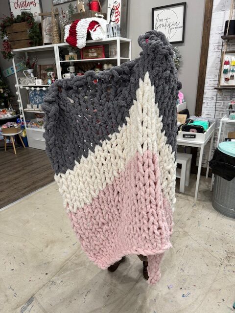 Grey White and Pink knit blanket - AR Workshop Evans closing